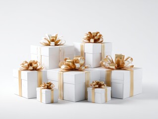 Obraz premium Stack of white gift boxes with gold ribbons, varying sizes, on a white background