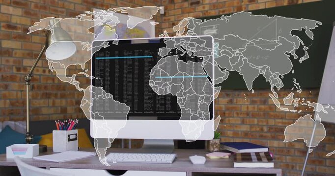 Opening workspace showing code while map outline fading, gliding eastward showing global coverage