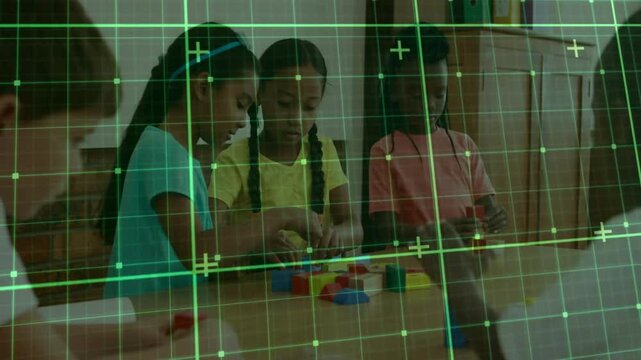 Educational group gathering at table inspecting blocks sorting shapes with grid overlay scanning