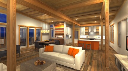 Obraz premium Open-plan living space with exposed wooden beams, hardwood floors, and a vibrant orange kitchen island. Large windows offer scenic views
