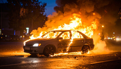 Burning car, chaos on city street. Vehicle in flame. Night scene.