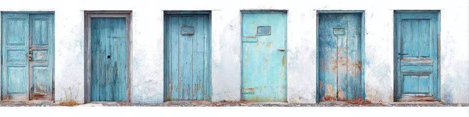 Six weathered, teal doors in worn white wall alcoves