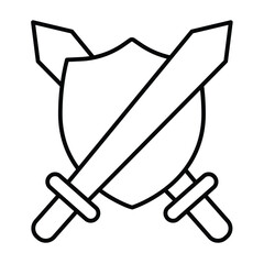 Two medieval swords and shield thin line icon, city museum concept. Vector graphics. Shield with blades, historical items sign on white background, style mobile or design.