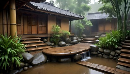 Fototapeta premium Discover the beauty of a tranquil Japanese garden with serene wooden structures.