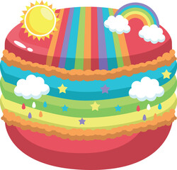 Delightful Rainbow Macaron A whimsical treat with sunshine, clouds, and rainbow layers