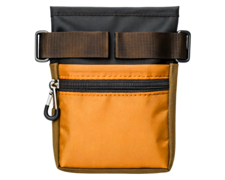 Durable orange utility pouch with zipper pocket and sturdy belt loops on a transparent background