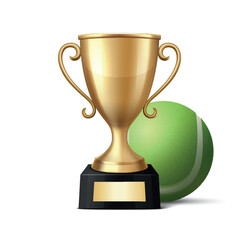 Vector 3d Realistic Golden Trophy Cup with Tennis Ball. Sports Award Illustration for Tennis Tournament, Match Victory, Champion Prize, Sports Event Design, Competition Reward, Winner Concept