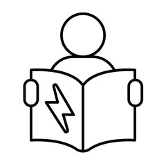 Man with manual book and lightning thin line icon, electrical service concept. Vector graphics. Electrician with report book sign on white background, style mobile or design.