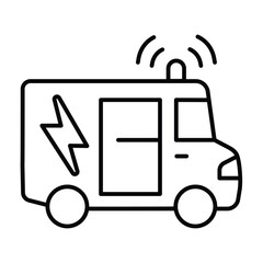 Electrical laboratory car thin line icon, electrical service concept. Vector graphics. Vehicle with lightning and siren sign on white background, style mobile or design.