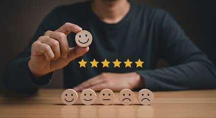 Against a soft, warm background, a user selects the highest rating, reflecting exceptional feedback and the successful measurement of customer loyalty and brand reputation
