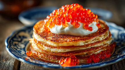 Thin and fluffy pancakes stacked on a ceramic plate. The top pancake is decorated with a spoonful of sour cream, on which the caviar is located.