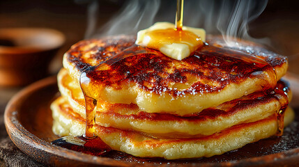 Hot, golden pancakes soaked in caramel and butter.