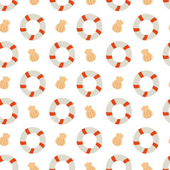 Vector flat seamless pattern with shell and lifebuoy.