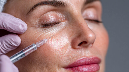 A woman undergoing an injection cosmetology procedure. Close-up of a woman's face. The doctor or cosmetologist holds a syringe with a needle in his hand, ready to administer the drug.