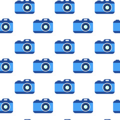 Seamless pattern with Vintage blue camera. Vector flat illustration.