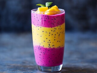 A layered smoothie in a tall glass, featuring bright pink dragon fruit, yellow mango, and purple acai, creating a colorful gradient effect