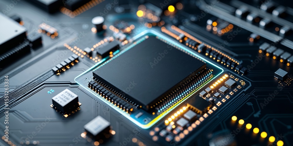 Poster close up of a computer circuit board with a central processing unit and various electronic component