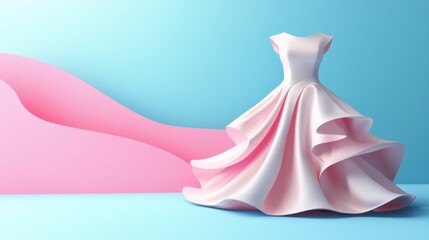 Elegant pink dress displayed against a soft blue and pink backdrop, showcasing modern fashion design and artistry in a studio setup