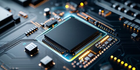 Close up of a computer circuit board with a central processing unit and various electronic components