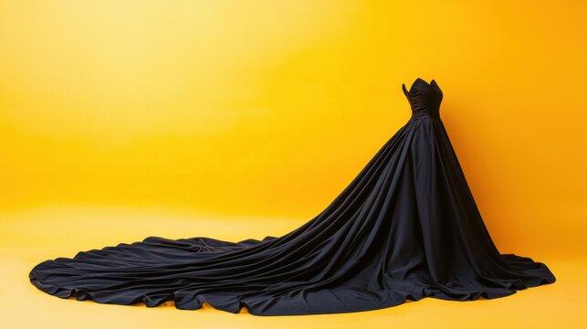 Elegant black evening gown displayed against a bright yellow backdrop showcasing its luxurious fabric and design features