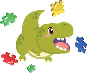 Adorable Green Tyrannosaurus Rex Dinosaur Playing with Colorful Puzzle Pieces Fun Illustration