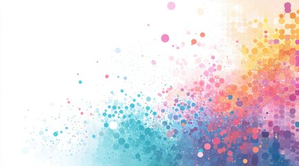 A vibrant, abstract watercolor-style illustration featuring a profusion of colorful, translucent dots and circles, graduating from cool to warm tones on a white background