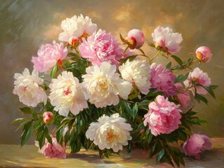 Fototapeta premium A lush bouquet of pink and white peonies in full bloom, softly lit by golden sunlight