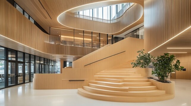 Modern architectural interior showcasing a grand wooden staircase, skylights, and sleek design elements within a spacious, light-filled atrium