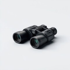 Sleek, matte-black binoculars rest on a minimalist white background, showcasing their robust design and optical clarity