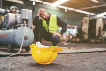Men, factory and industry factory. Worker have accident during working at work in factory....