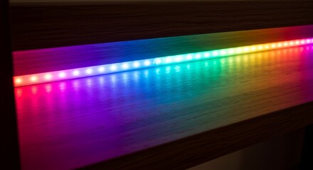 Vibrant Rainbow LED Strip Lights Illuminating a Wooden Shelf Surface