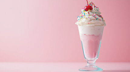 strawberry ice cream sundae in a tall glass, topped with whipped cream, cherry, and rainbow sprinkles Delicious  and Refreshing