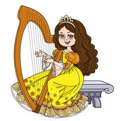 Beautiful brunette princess in yellow dress playing the celtic harp on white background