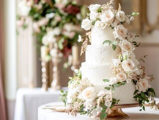 A luxurious three-tier wedding cake decorated with delicate white fondant and fresh flowers
