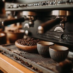 Espresso machine with coffee beans and cups ready for brewing