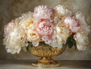 A luxurious wedding centerpiece featuring soft pink and cream peonies with golden accents