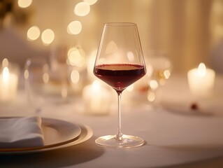 A luxurious wine glass filled with deep red wine, set against a candlelit dinner table with elegant plating and soft bokeh lights