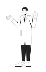 Friendly korean male scientist explaining in lab coat 2D line character. STEM researcher asian man expert presenting gesturing isolated vector ink outline person. Monochromatic spot illustration