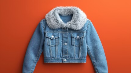 Stylish denim jacket with fur collar on orange background looks modern and fashionable