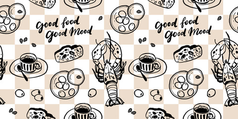 Hand drawn Mediterranean cuisine seamless pattern. Italy la dolce vita coast food coastal print, wrap paper, retro fabric, textile design. Doodle sketch crayon drawing style vector illustration.