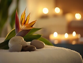 A luxury spa setting featuring a Bird of Paradise flower arrangement with candles and smooth river stones