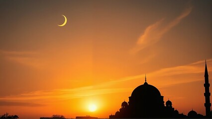 Obraz premium Witness the magic of the golden hour as the crescent moon graces the mosque skyline tonight