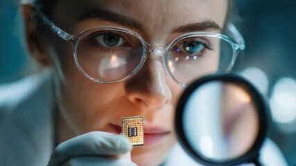 Precision Inspection: A focused female scientist meticulously examines a microchip with a magnifying glass, exploring the intricate details of advanced technology.