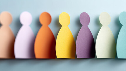 Colorful paper cutout figures lined up in a row.