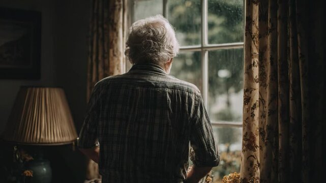 Solitary Reflection: An elderly figure gazes pensively out a rain-streaked window, enveloped in a world of introspection and quiet contemplation.