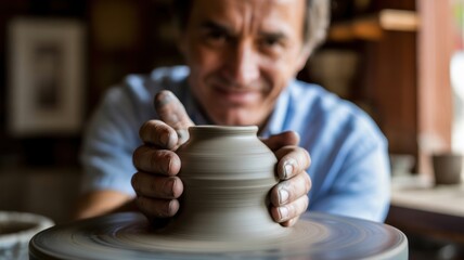 Caucasian mature male crafting pottery on wheel in workshop