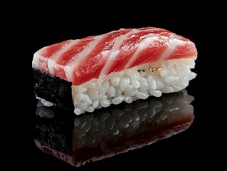 A macro shot of a single piece of sushi, showing the intricate marbling of fatty tuna (otoro) on a bed of perfectly seasoned rice