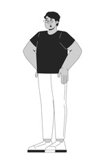 Arab man with eyeglasses standing confidently with hands on hips 2D line character. Glasses guy in black tshirt and white pants isolated vector ink outline person. Monochromatic spot illustration