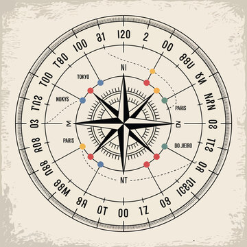 Vintage Style Compass Rose with City Locations Marked in Color on Beige Background travel navigation
