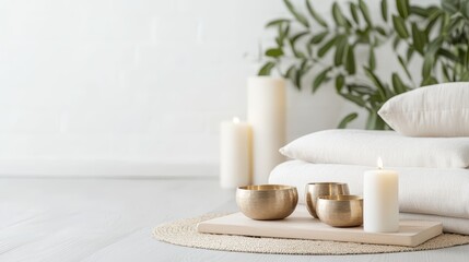 Calming sound therapy session with soft music and comfortable seating: A relaxing environment featuring a serene therapy room with floor cushions, soft candlelight, Tibetan singing bowls, and a
